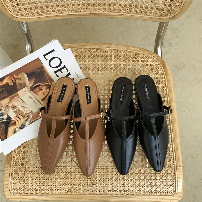 Женские Прошитые мюли на низком каблуке повседневные шлепанцы с острым носком и