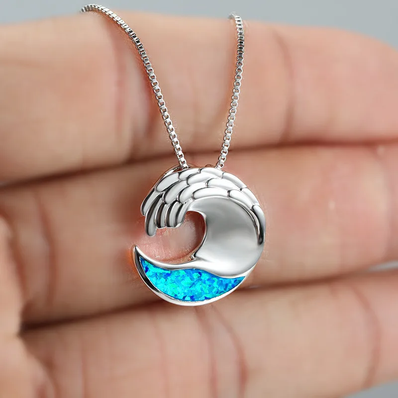 Фото Модное ожерелье с кулоном в виде морской волны геометрическое из голубого опала