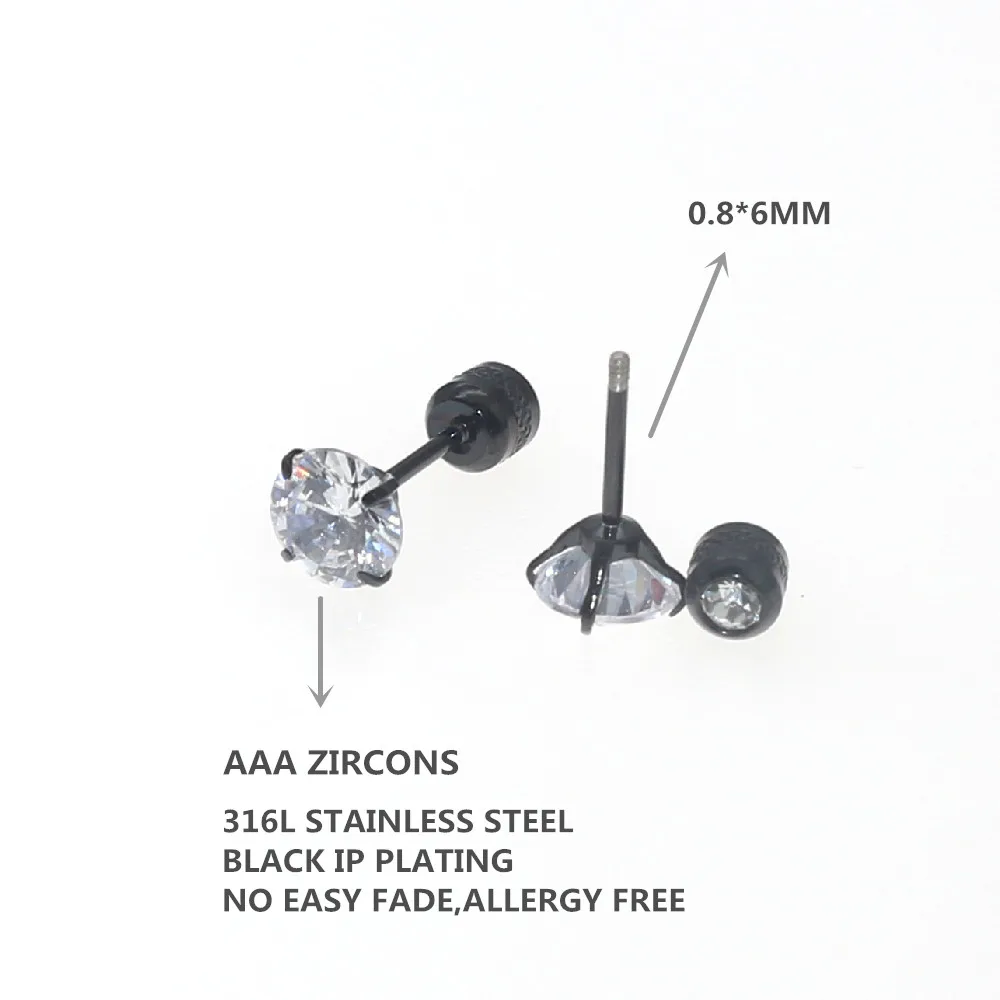 316L Stainless Steel Black Plating Screw Earrings With AAA Round Clean Zircon Earring No Fade Allergy Free Quality Jewelry