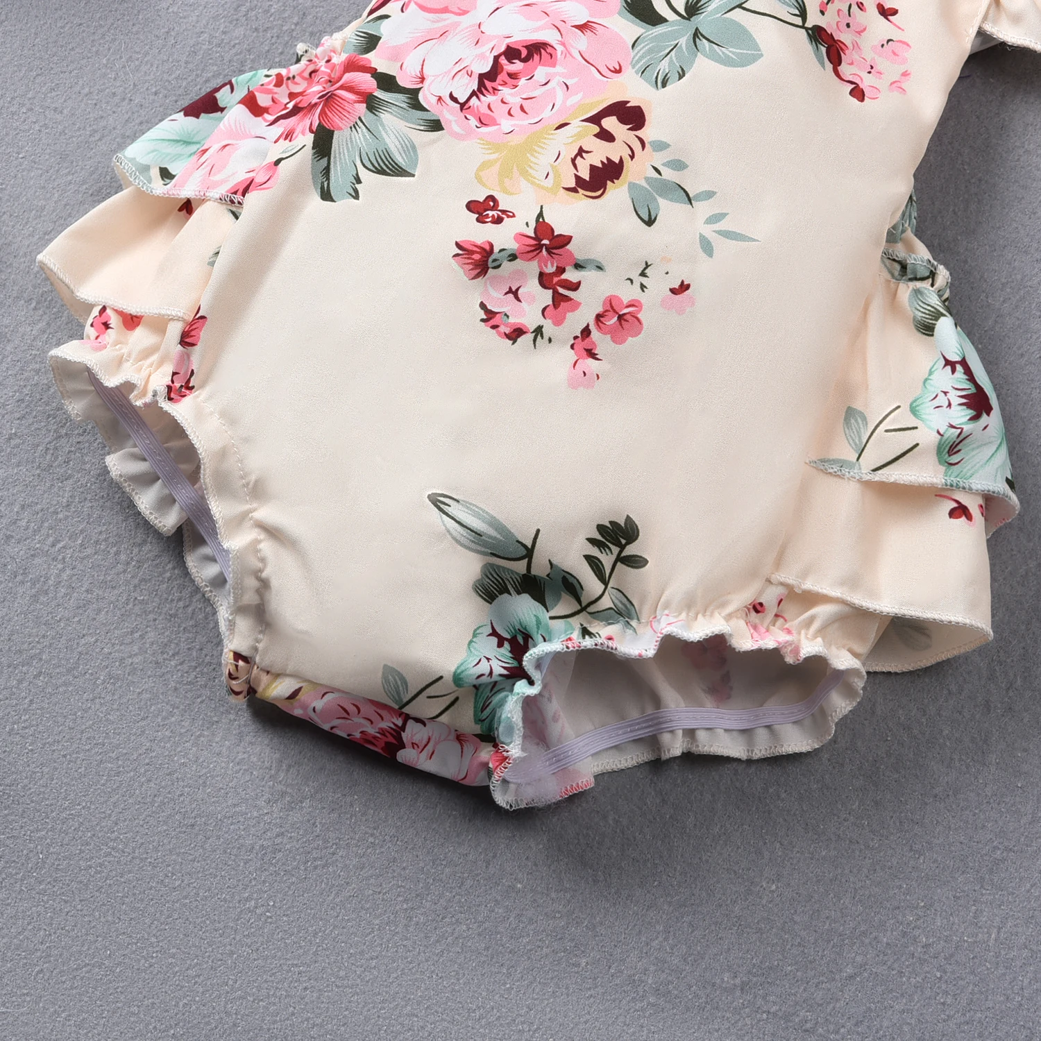 

Summer Infant Baby Girls Outfit Suit Sweet Floral Printing Fly Sleeve Cascading Ruffles Bodysuit + Bow Headband 2PCS Set