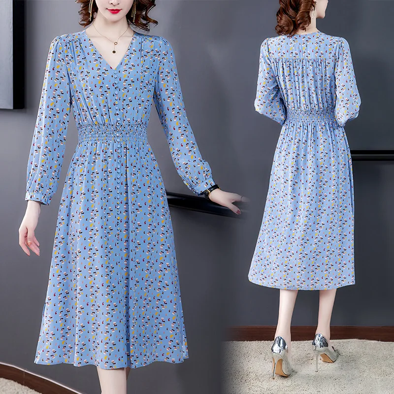 

Autumn New Style Printed Double Layer Real Silk V-neck Long-sleeve Dress Elegant Waist Hugging Slimming Mid-length sang can si q