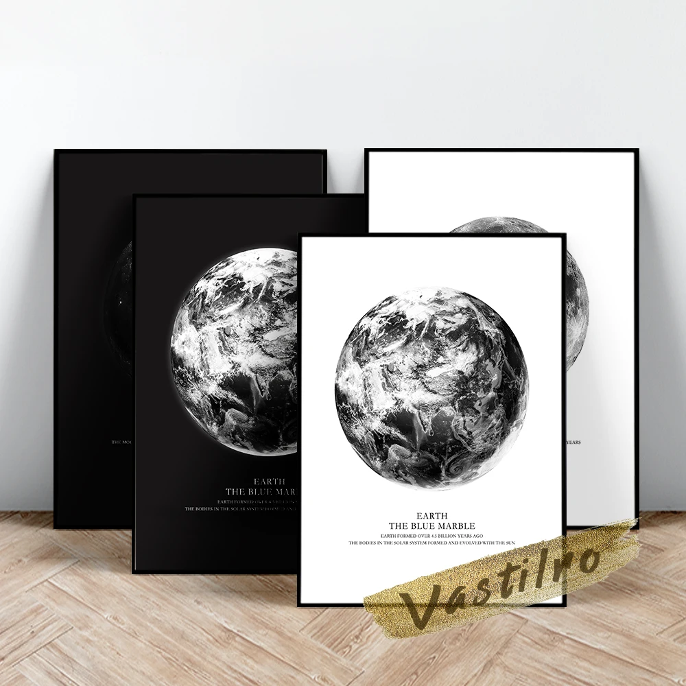 

Solar System Planet Poster, Black White Moon Earth Planet Prints, Science Universe Wall Art, Modern Astronomical Star Painting