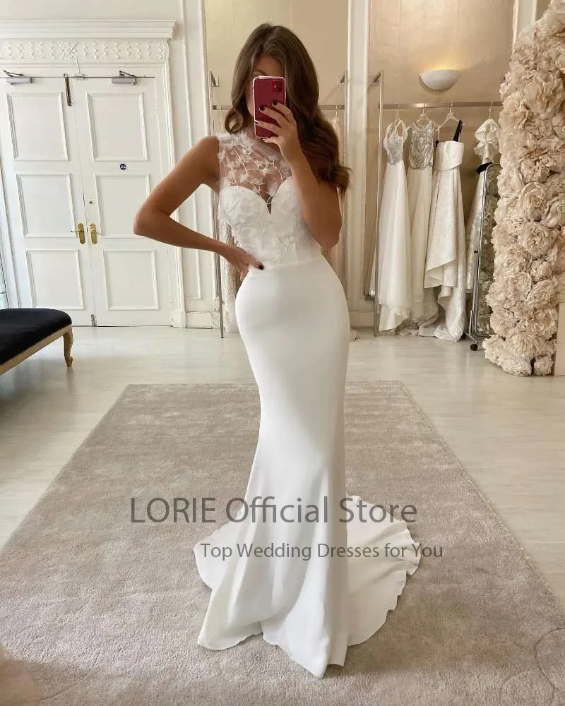 

LORIE Boho Wedding Dresses One Shoulder Lace Mermaid Wedding Gown Soft Satin White Ivory Custom Made Party Bride Dress 2021