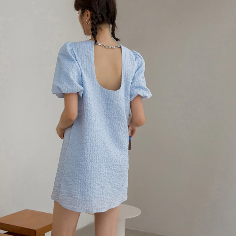 

2021 Women Blue Streetwear Blackless Chain Dress Vintage Puff Short Sleeve O Neck Mini Dresses Summer New Designer Party Frcoks