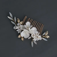 slbridal golden crystal rhinestone pearls ceramic flower bridal hair comb wedding hair accessories bridesmaids women jewelry