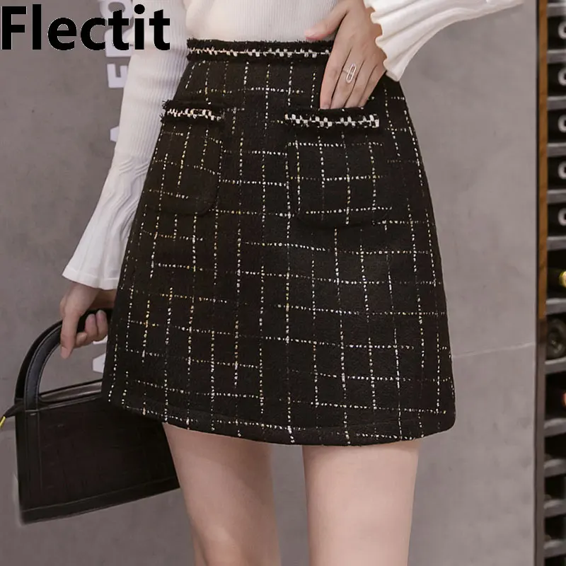 Женская твидовая юбка с карманами высокой талией|Женские юбки| |
