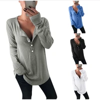 womens blouse autumn trending fashion long sleeve grey t shirt buttons deep v neck solid color lady casual shirts sexy tops