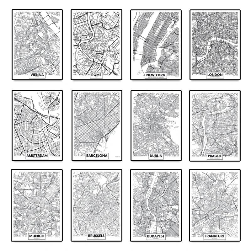 

Nordic Art Painting National World City Drawing Line Black and White Map Canvas Painting Posters and Prints Home Decoration