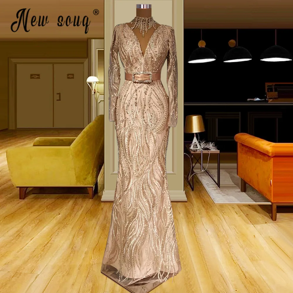 

Женское вечернее платье-русалка, элегантное платье с глубоким V-образным вырезом и поясом с бусинами, платье для выпускного вечера с арабскими кристаллами и длинным рукавом