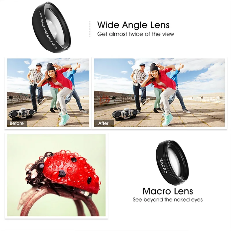 2 in 1 Functions Mobile Phone Lens 0.45X Wide Angle Len & 12.5X Macro HD Camera Universal for iPhone Android lens | Мобильные