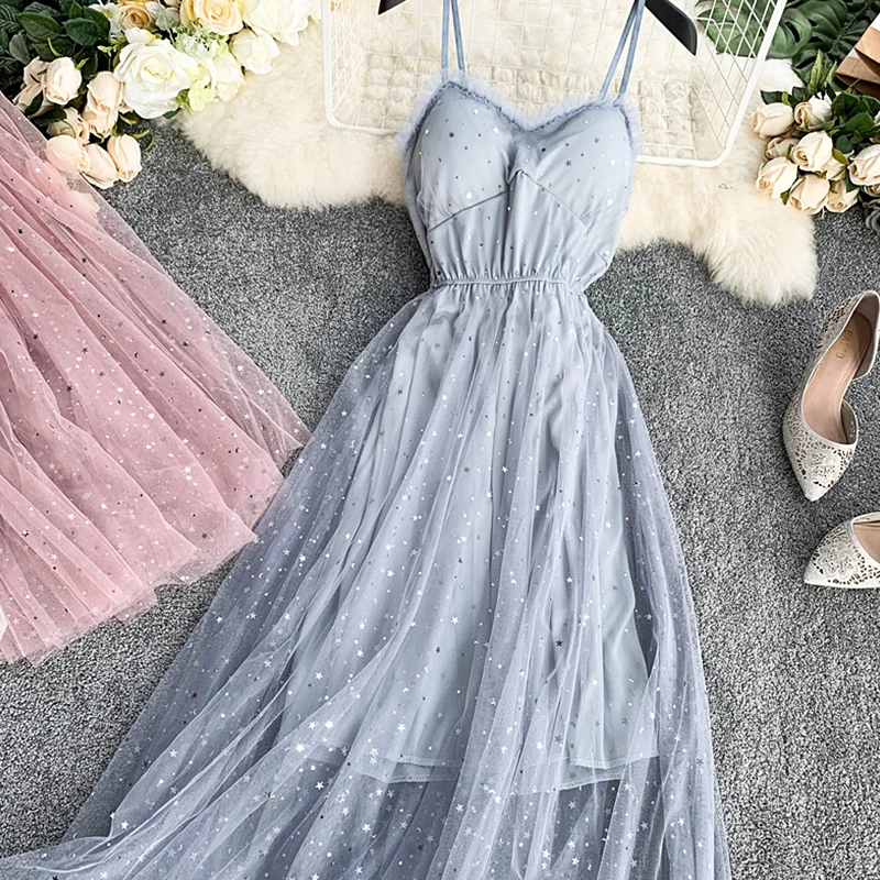 Женское длинное платье на бретелях спагетти розовое и черное с блестками лето