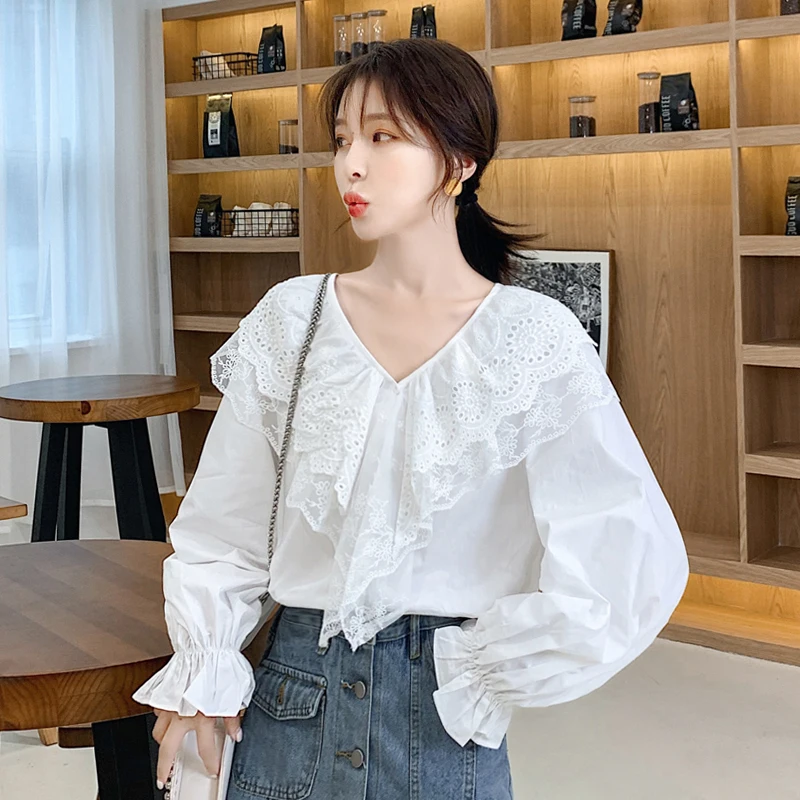 Корейская мода женская блузка осень оборки женские рубашки плюс размер XXL Плюс