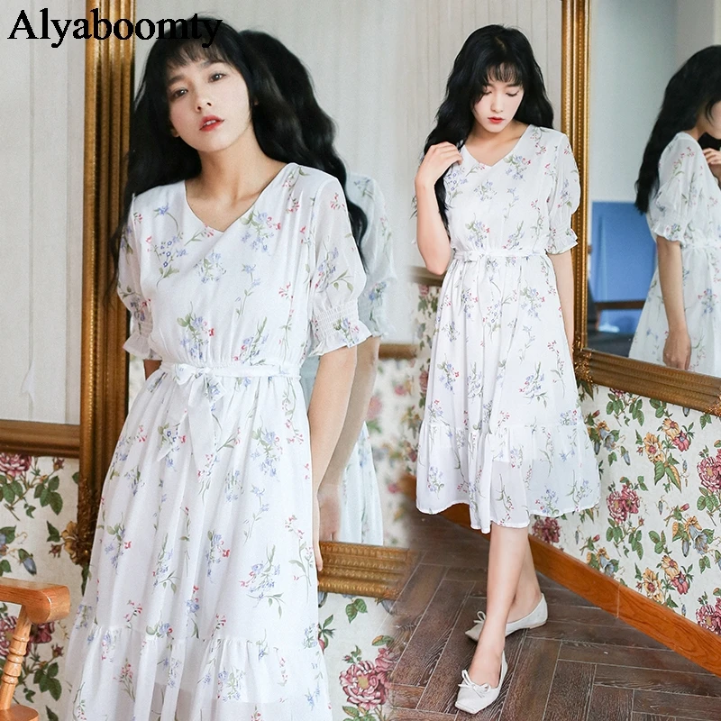 2020 New Summer Women Floral Long Dress V Neck Flowers Printed High Waist Vestidos Femininos Chiffon Ruffles Mori Girl Dresses | Женская
