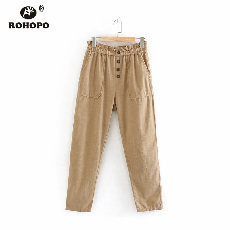 ROHOPO хаки свободные вельветовые штаны эластичность гофрированная Талия передние