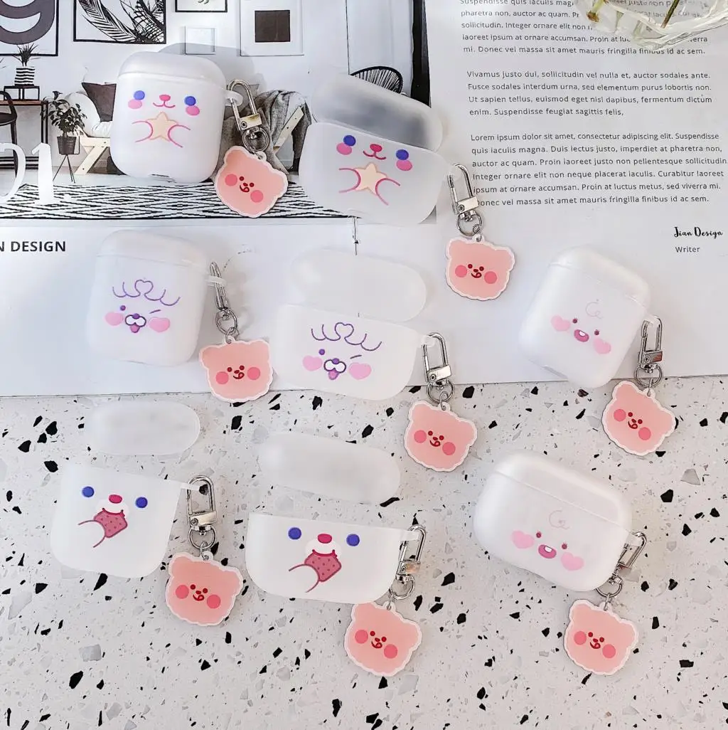 

Cute Cartoon Cat Bear Smile Face Animal Phone Case for Apple Airpods 1 2 3 Pro Bluetooth Protective Earphone cover Key ring