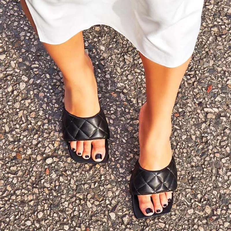 

Women Summer Slippers Thin High Heels Sandals Square Toe Sexy Slides Gingham Zapatos De Mujer Outdoor Beach Flip Flops 2020