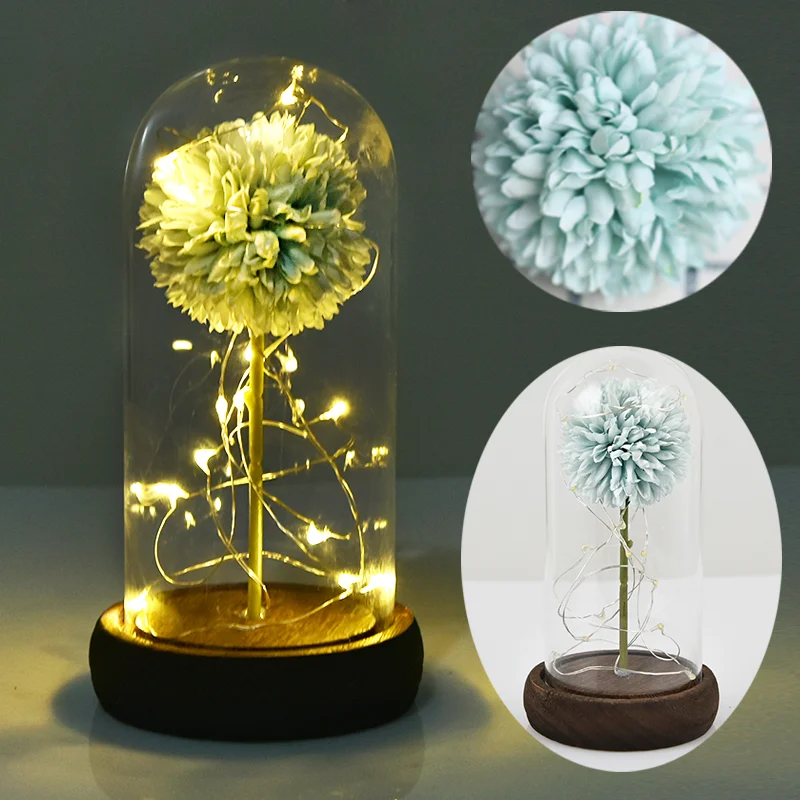 Blue Dandelion Красота и чудовище, искусственные цветы, вечная Золотая фольга, роза, светодиодный светильник, стеклянный купол, ночник, подарок на день рождения для девочек - Цвет: Blue Dandelion