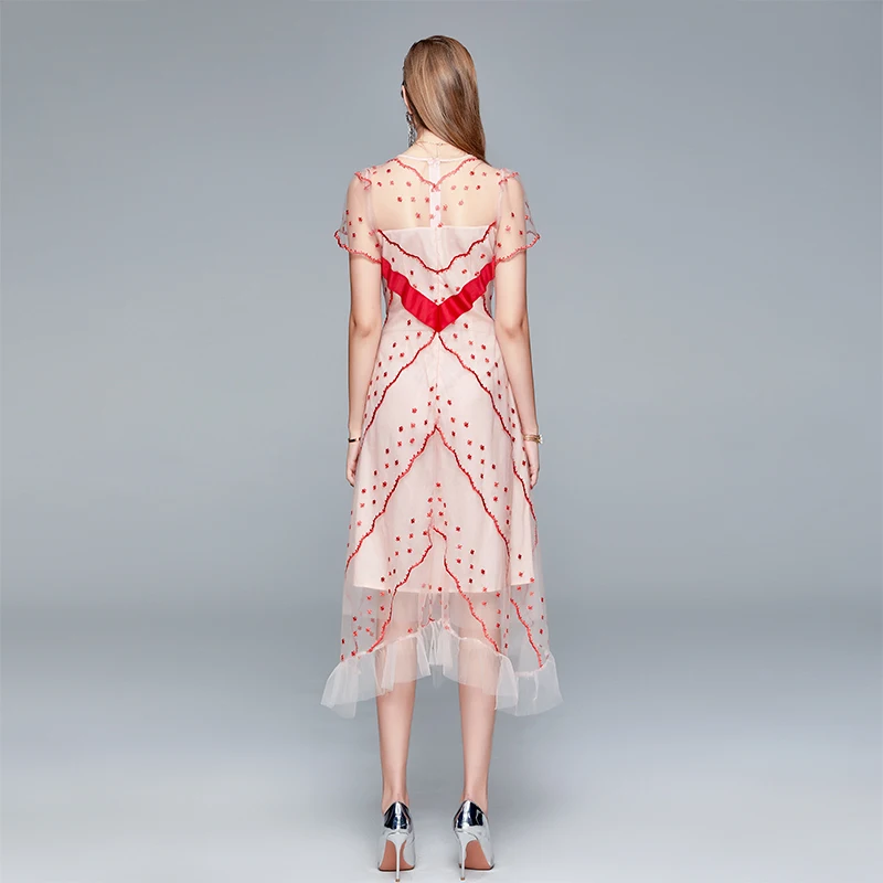 

Fashion Designer Women Summer Elegant Mesh Embroidered Sexy Cocktail Wedding Party Robe Female Vintage Pink Dress Vestidos
