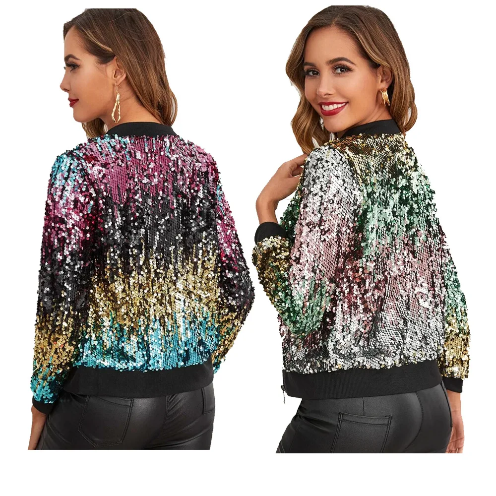 

11TS2006 Autumn Winter Women Casual Fashion Color Gradient Print Sequins Zipper Jacket Woman Jacket Winter 2020
