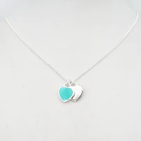 womens classic s925 sterling silver blue pink enamel heart shaped double heart pendant necklace