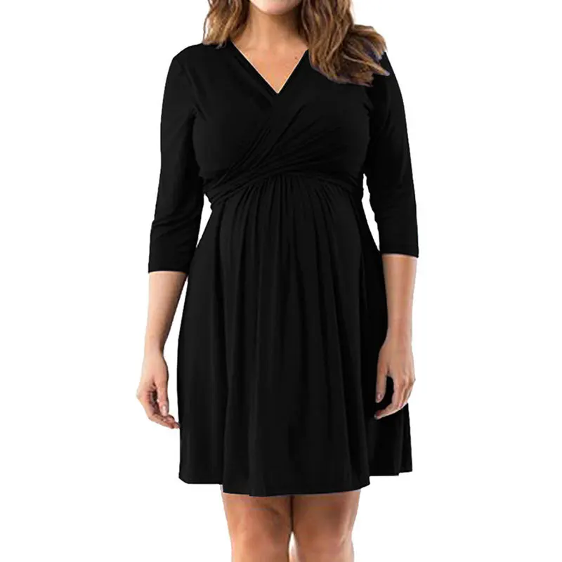 

Maternity Fashion V-neck Fake Two-piece Dress Casual Loose Plus Size Women's Long Skirt Cotton Clothes