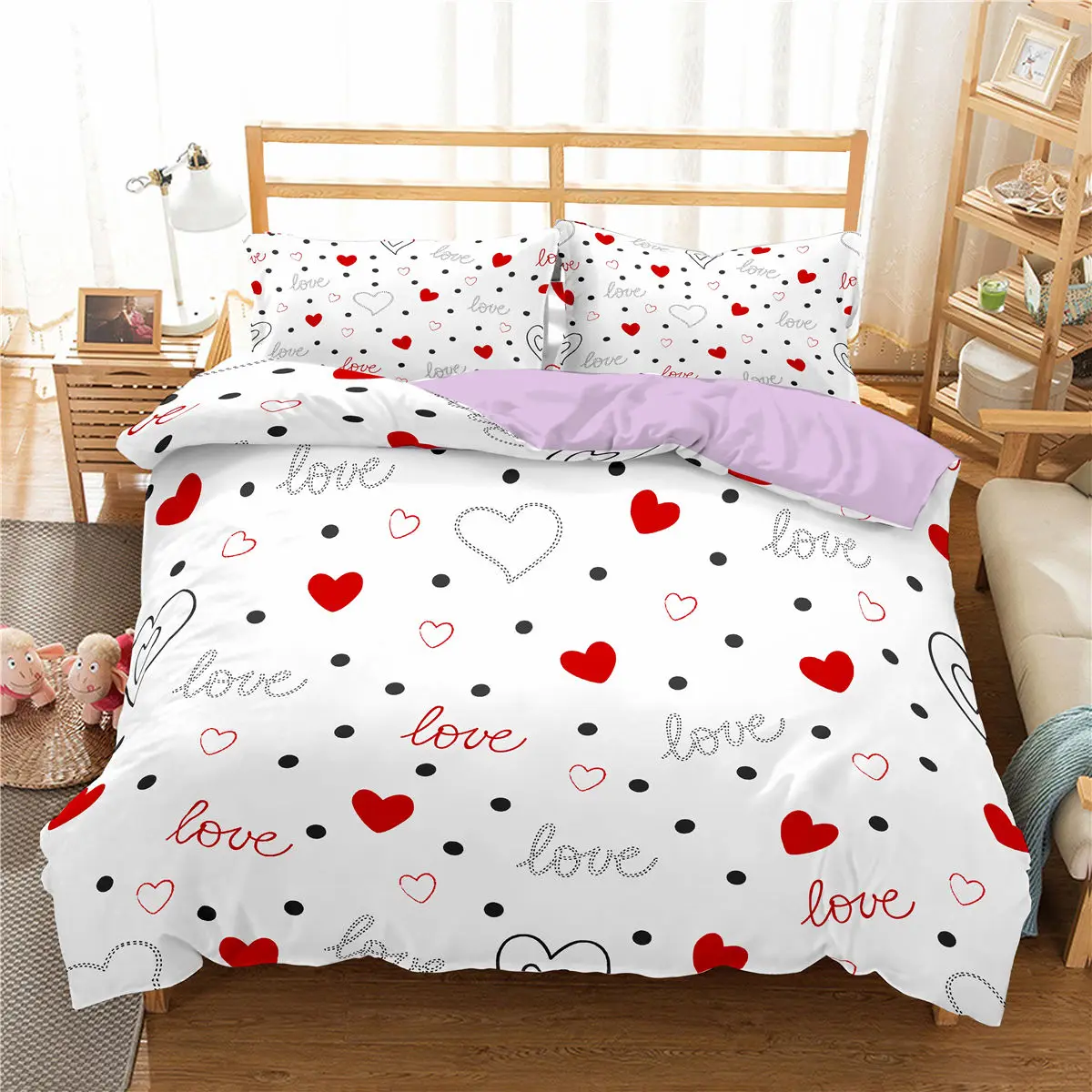 

Комплект постельного белья из 2/3 предметов с красным сердцем, пододеяльником и покрывалом, пододеяльник, наволочка, домашний текстиль, 3D дек...