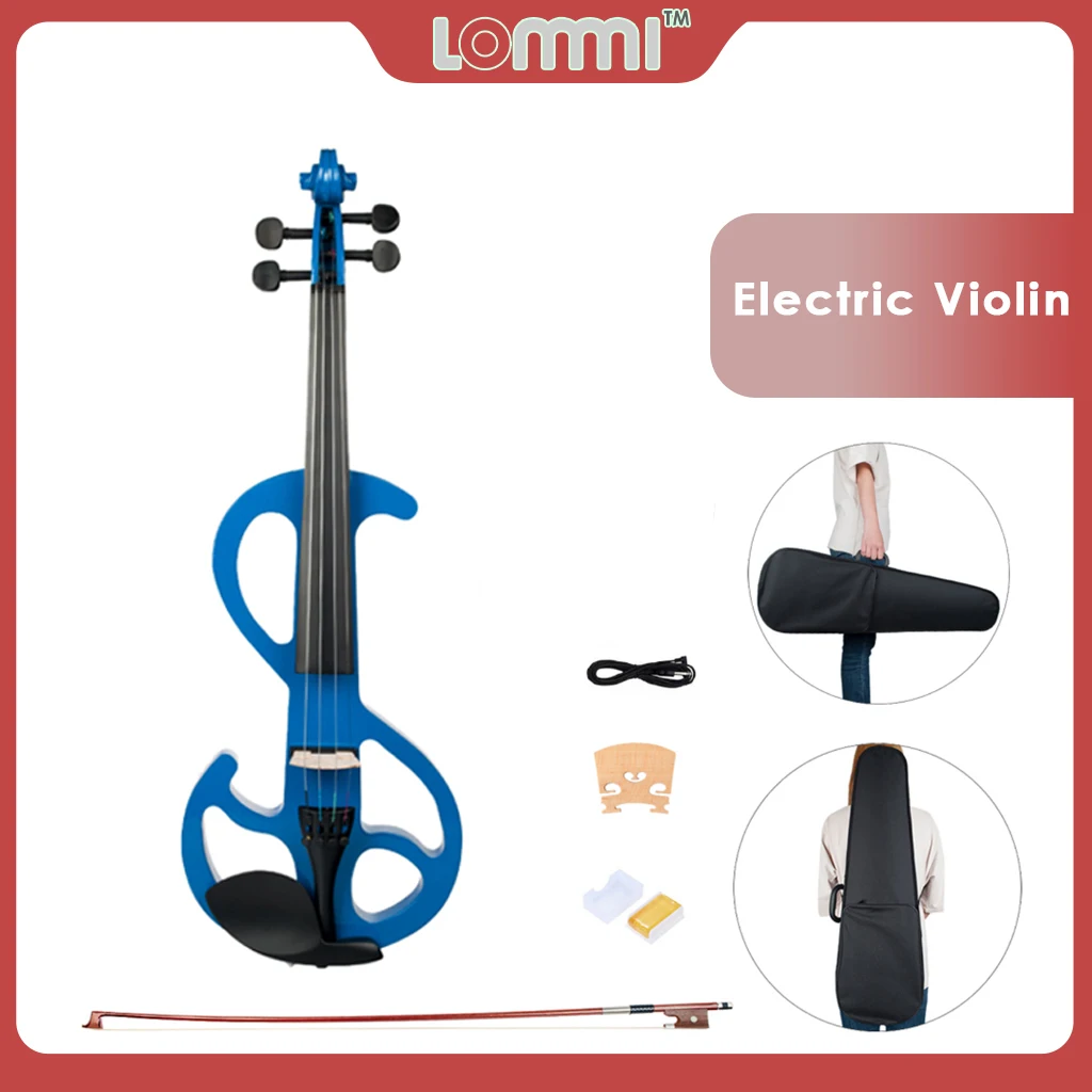Enlarge LOMMI Blue Solid Wood Metallic Electric/Silent Violin Set 4/4 Full Size w/Audio Cable+Bridge+Rosin+Brazilwood Bow+Canvas Case