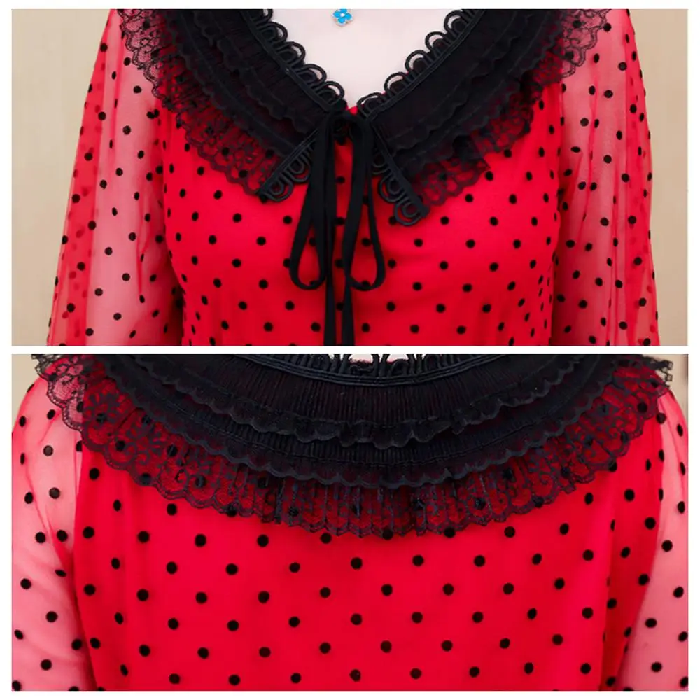 

Sweet fairy polka dot lace mesh shirt women blouses tops casual long-sleeved bow chiffon lace shirt female ruffled party shirt