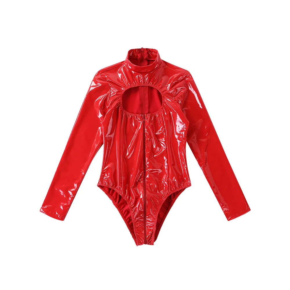 Женский слитный купальник из лакированной кожи с длинным рукавом и вырезами| |