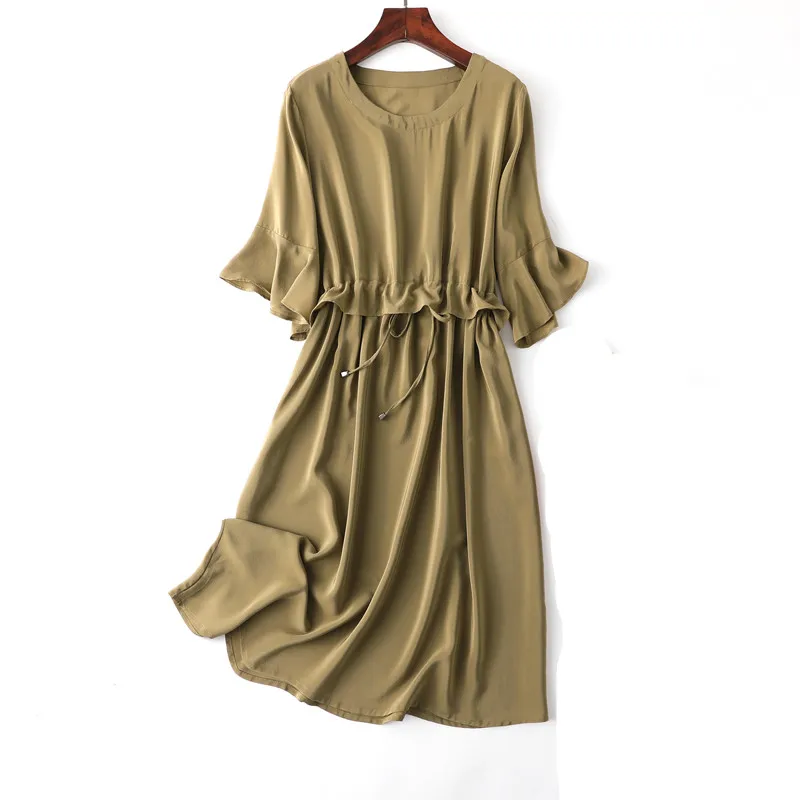 Женское летнее шелковое платье темно зеленые платья из натурального шелка