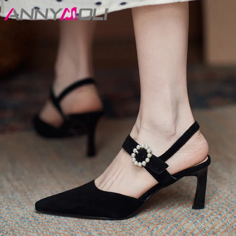 

ANNYMOLI Slingbacks Shoes Women Real Leather Pointed Toe High Heels Kid Suede Thin Heel Pumps Pearl Buckle Female Footwear Black