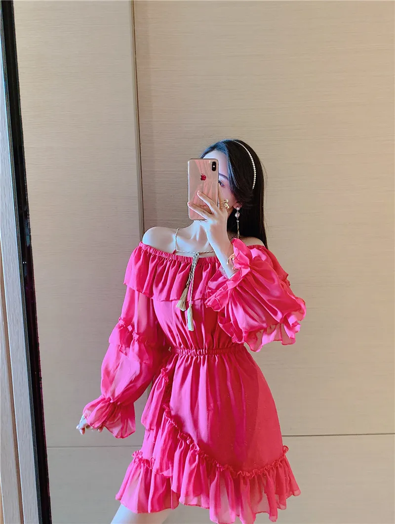 

Rose Red Dress for Women 2021 Summer New Slash Neck Ruffled Mini Dress Slim Waist Long Sleeves Solid Sweet Girls Short Dress