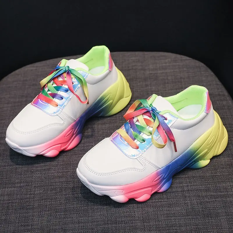 

6cm/2.4 Inch Height Wedge Women Sneakers Fashion Colorful Lace Up Shoes Mixed Color Thick Bottom Sport Shoes