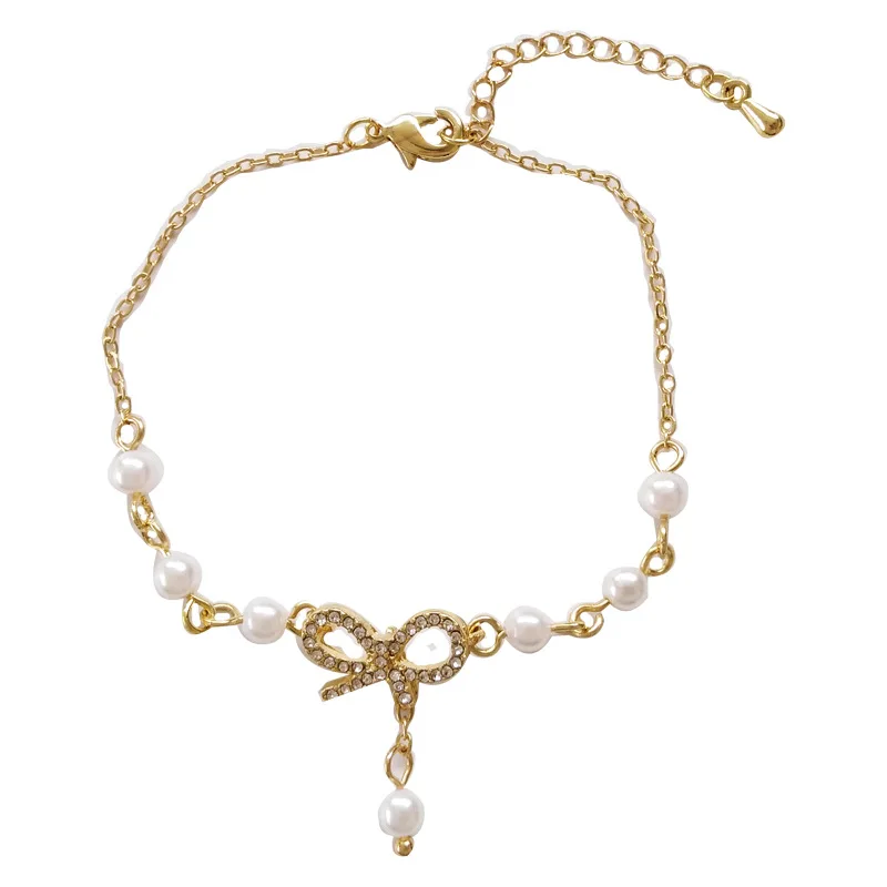 

New Fashion Women Jewelry Bow Pearls Charm Bracelet High Quality Crystal Thin Chain Bracelet Sweet Jewelry For Girl Student Gift