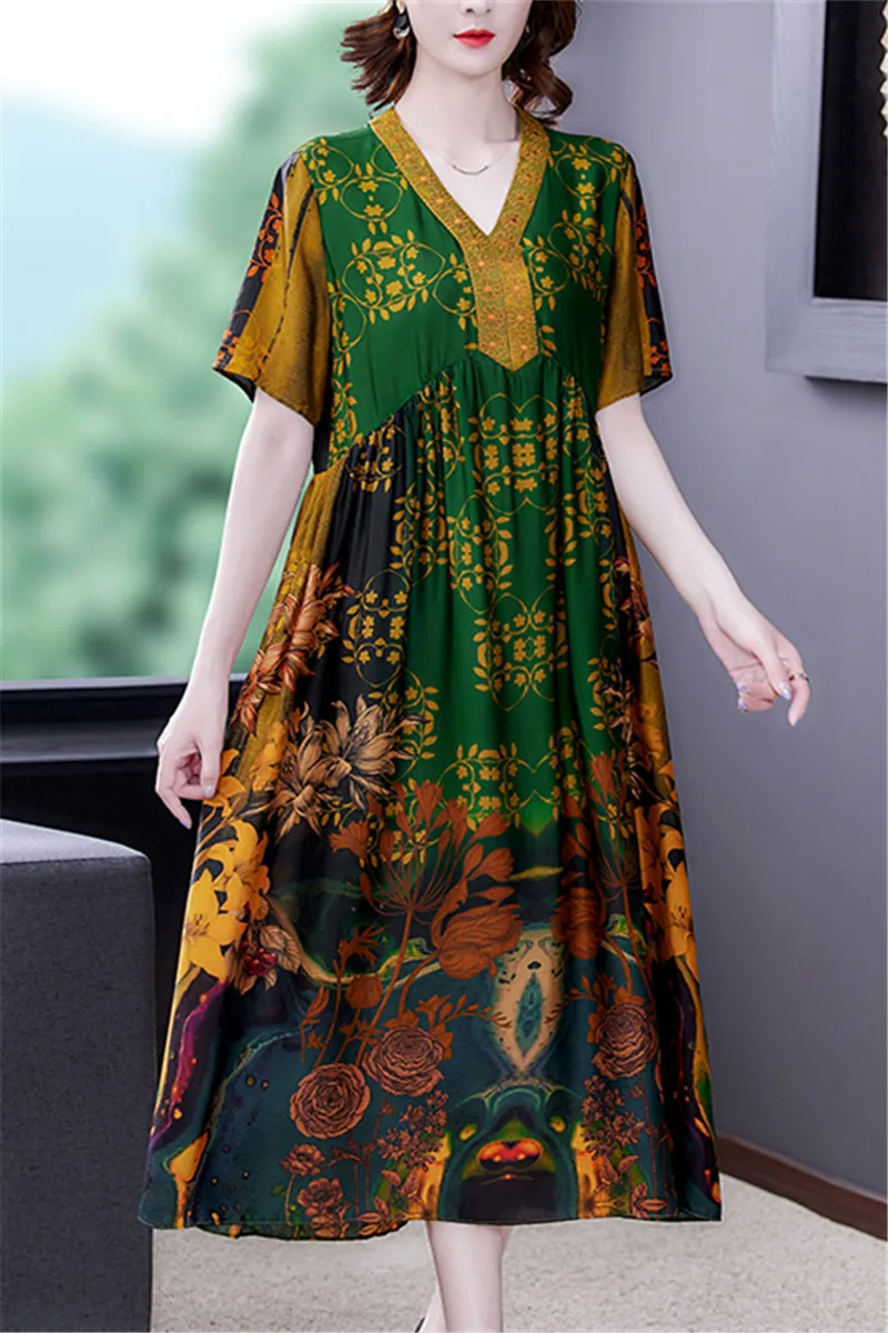 

Plus Size Fashion 2021 New Natural Silk Women Dresses Casual Loose Short Sleeve Summer Elegant Office Working Lady Dress