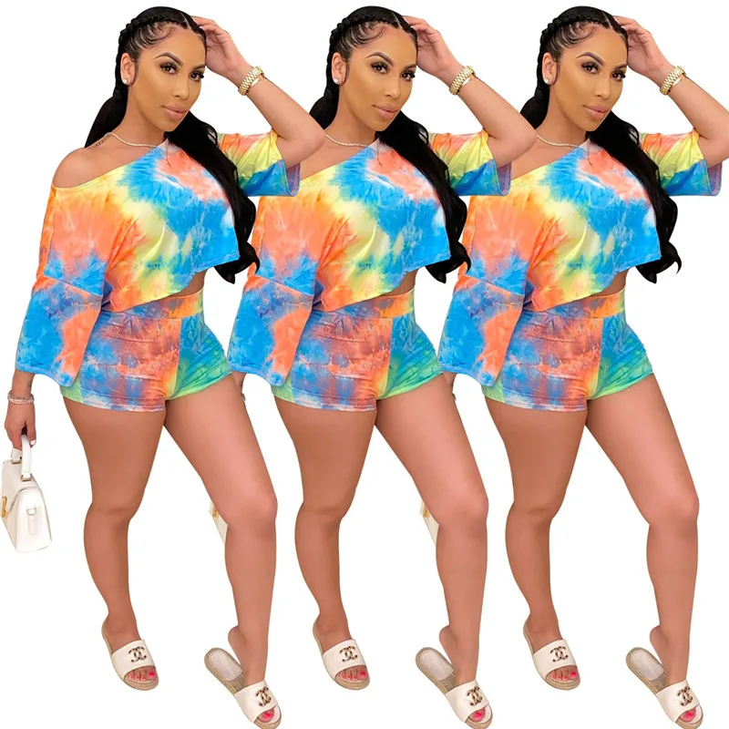 

Summer Women's Fashion Gradient Color Short Sleeve Casual Sets Temperament Hip Butt Slim Two-piece Suit Wholesale Dropshpping
