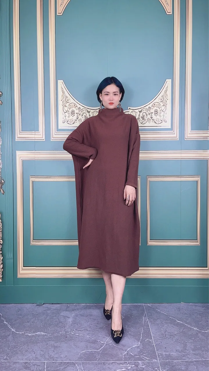 

SuperAen New Plus Size Rabbit Velvet Knitted Wool Loose Fashion Turtleneck Solid A-LINE Casual Mid-Calf Dresses Women