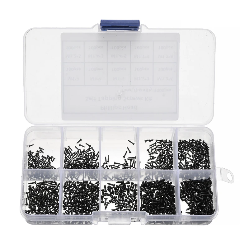 Фото 1000pcs/set M1/M1.2/M1.4/M1.7 Round Cross Head Stainless Steel Screws Pan Self Tapping Screw Set Assortment Kit Black Обустройство 1000pcs/set M1/M1.2/M1.4/M1.7 Round Cross Head Stainless Steel Screws Pan Self Tapping Screw Set Assortment Kit Black Обустройство