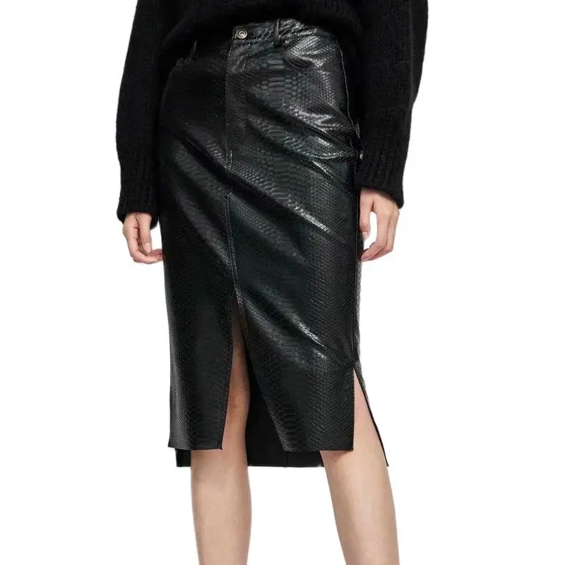

2021 New Fashion Women Hot Pencil Fake Crocodile Pattern Faux Leather PU Skirts Lady High Waist Split Mid-Calf Black Streetwear