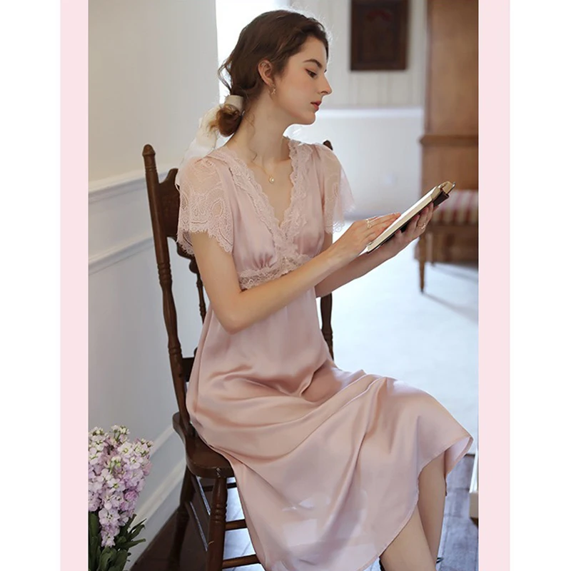 QWEEK Silk Dress Woman Sexy Sleepwear Summer 2021 Nightdress Vintage Lace Nightie Elegant Nightwear Long Nightgowns Pink Nighty