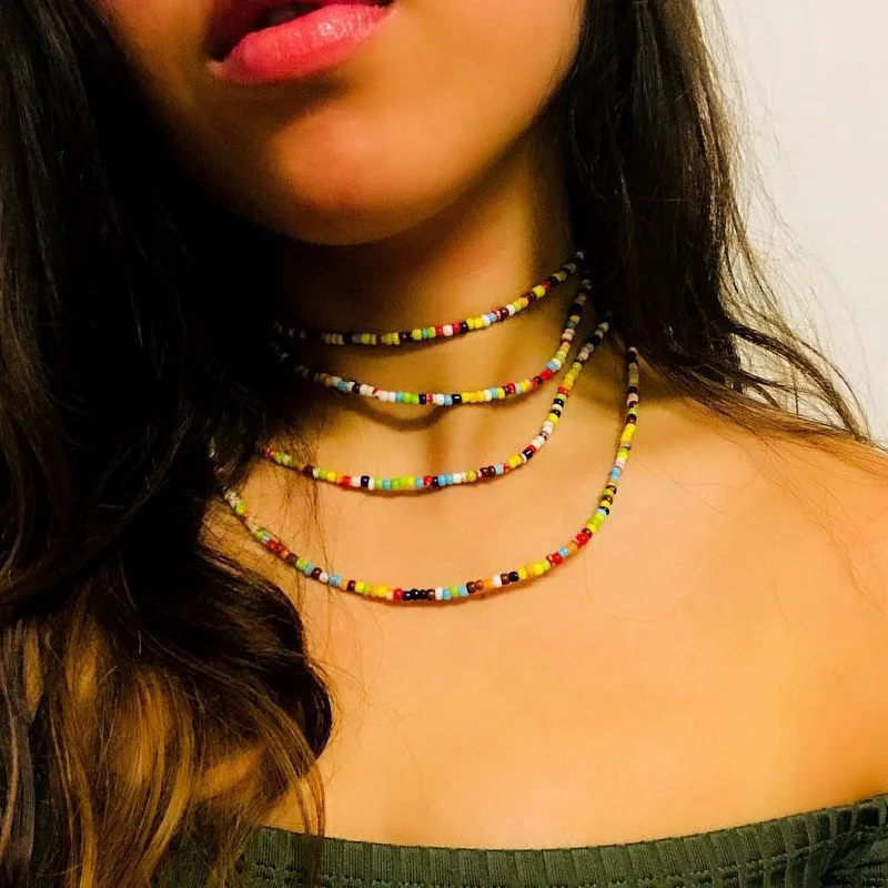 

Bohemian Colorful Bead Choker Necklace Vintage Long Chain Necklace Girl For Party Beach Travel Trendy Jewelry
