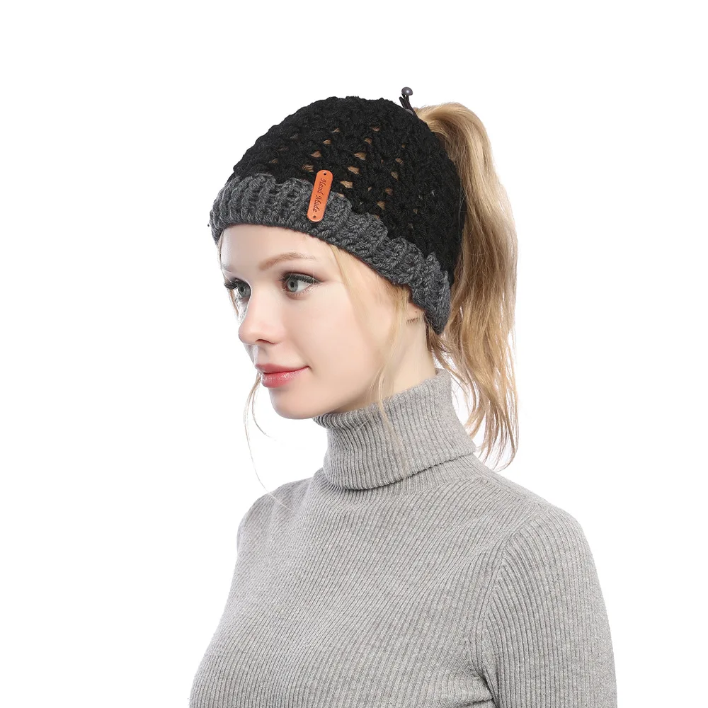 Europe, America, autumn and winter, new, matching, hole, cap, cap, empty top, knitted wool cap, ponytail cap, warm hat