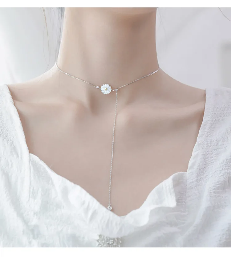 

925 Sterling Silver Shell Daisy Flower Charm Pendent Choker Necklaces for Women Statement Party Jewelry Accessories dz791