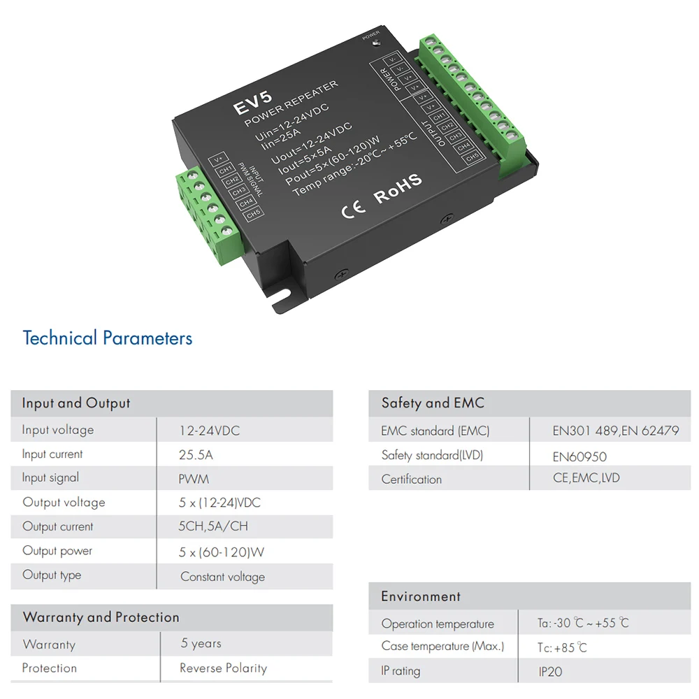 Цветная (RGB) WW Мощность ретранслятор 12V 24V DC 5 канал 25A постоянное напряжение PWM RGBCCT