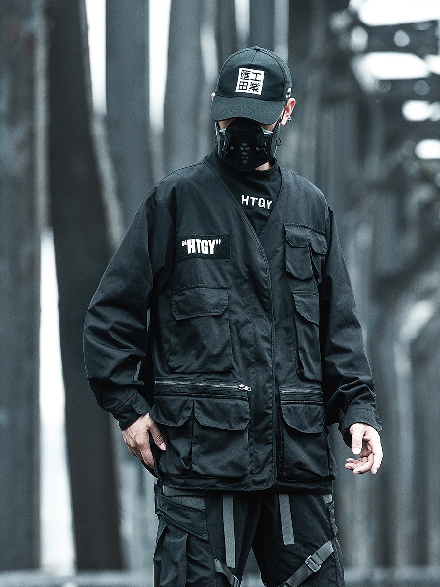 Techwear куртка мужская карго черная модная Верхняя одежда с несколькими карманами
