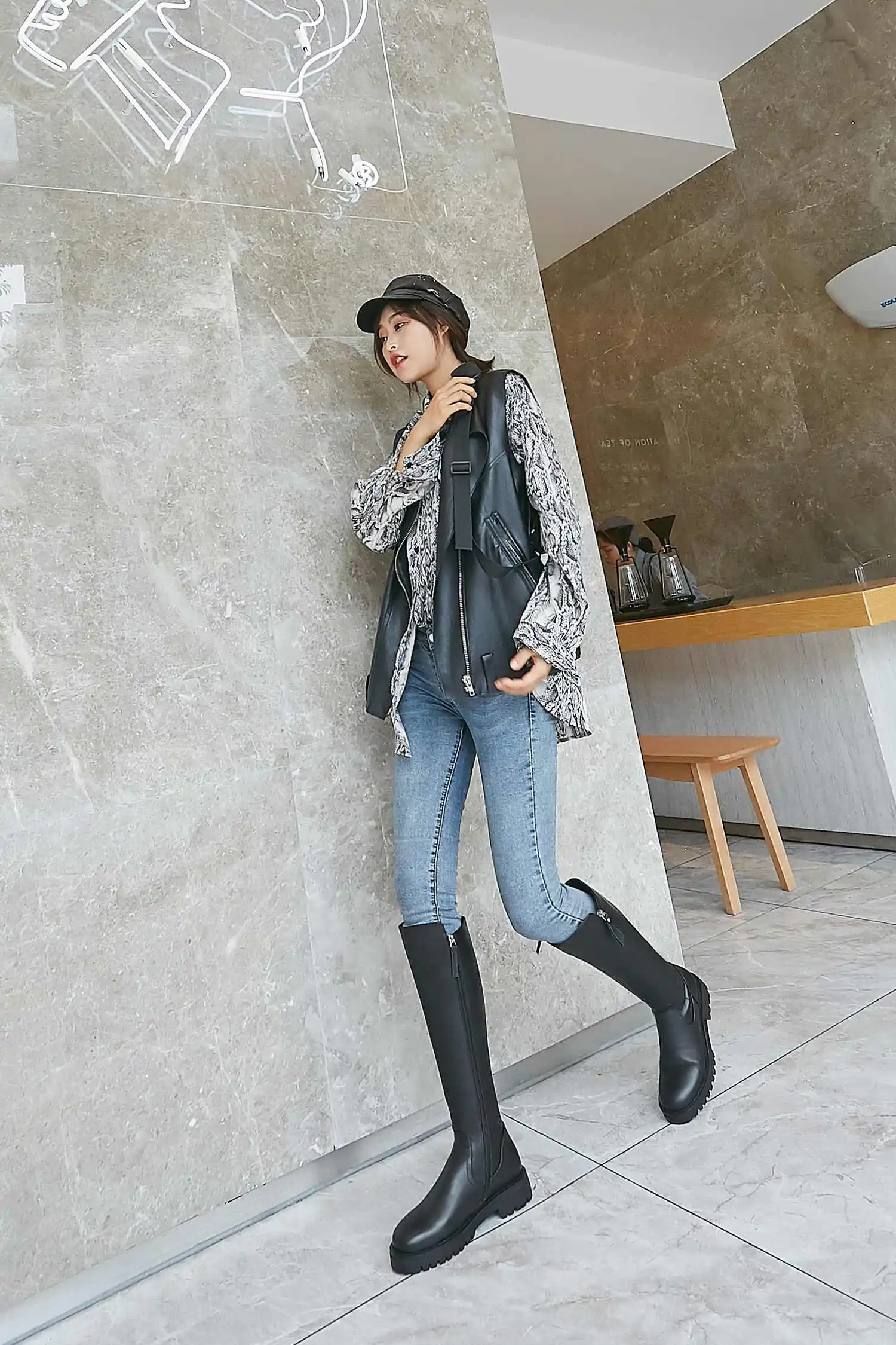krazing pot winter super keep warm cozy cow leather knight boots round toe med heels solid zipper fashion thigh high boots L5f6