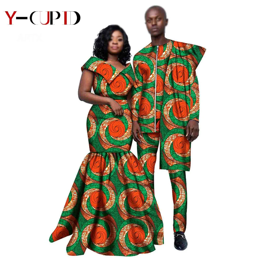 African Clothes for Couples Women Ankara Long Mermaid Dresses Lover Clothes Bazin Riche Men Unquie Shirt and Pants Sets YS20C005