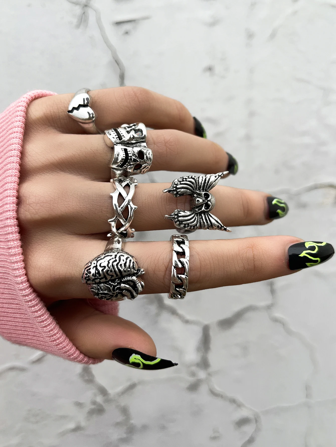 

Stillgirl 6Pcs Gothic Silver Color Skeleton Rings for Women Punk Grimace Heart Streetwear Set Couple Emo Fashion Jewelry Anillos