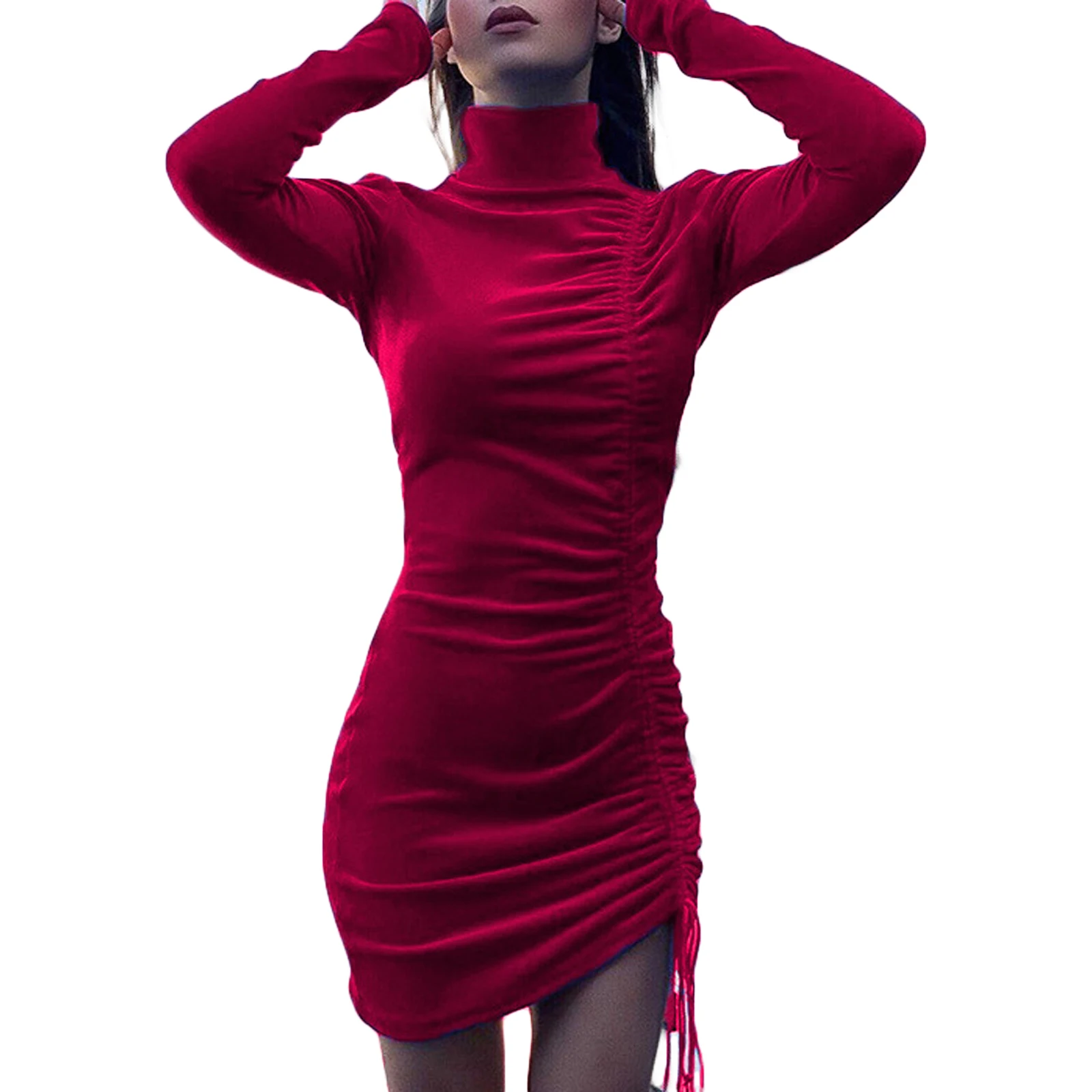 

Женское повседневное облегающее платье с длинным рукавом, модное однотонное Плиссированное короткое платье с Кулиской