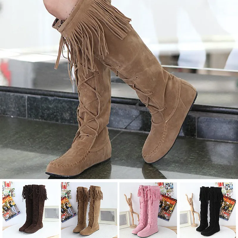 

LIN KING Retro Women Winter Boots Knee High Motorcycle Boots Warm Fur Fringe Long Boots Lace Up Cross Tie Female Boots Big Size